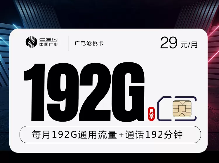 广电沧桃卡 每月192G通用流量+192分钟通话