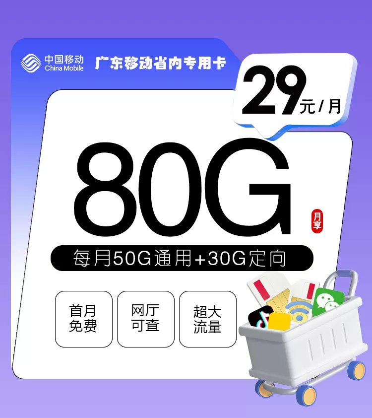 广东移动省内专用卡 每月80G流量
