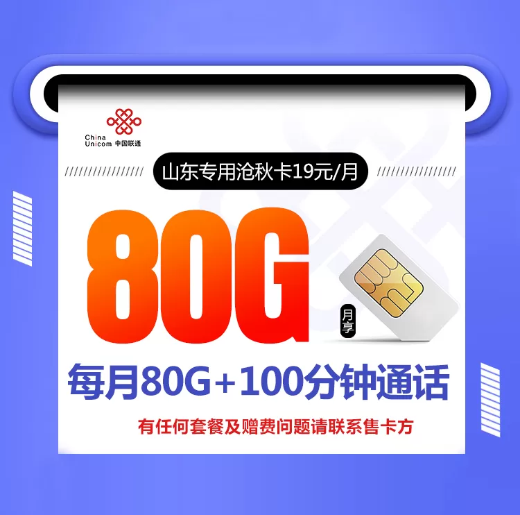山东专用沧秋卡 每月80G流量+100分钟通话