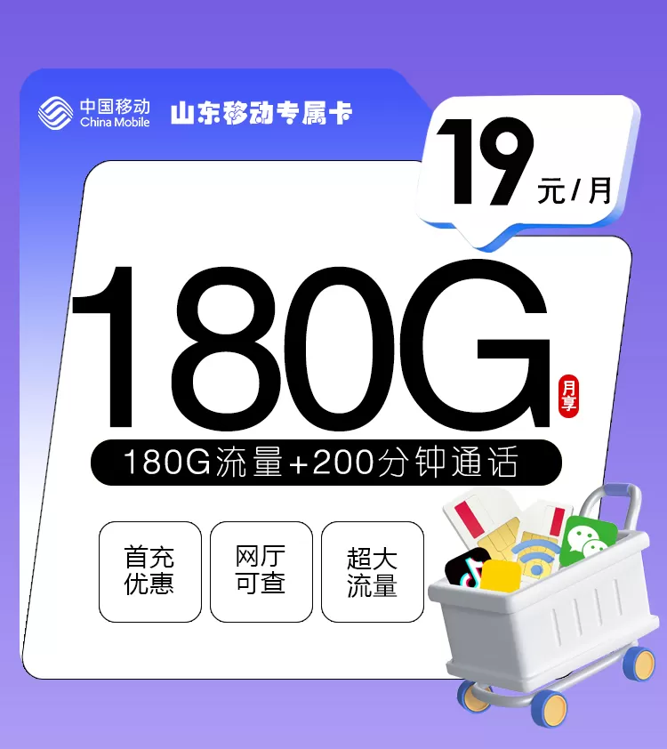 山东移动专属卡 每月180G流量+200分钟通话
